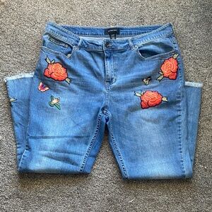 Who What Wear plus size Blue Jeans with Red Hummingbird and Floral Embroidery